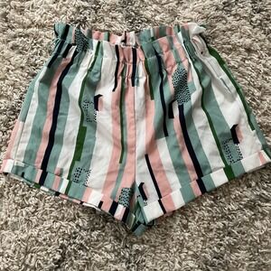 Shein Abstract Geometric Stripe Paperbag Waist Shorts Pink Green Navy Size 6